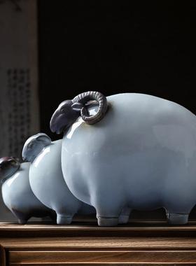 大宋官窑三羊开 泰招财聚财收藏摆件陶瓷哥窑家居装饰茶宠开 业礼