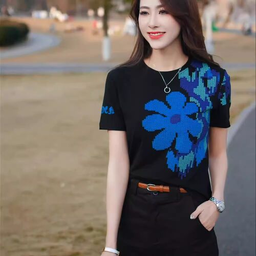 【下单立减50】春季新款重工欧货短袖T恤女修身显瘦时尚休闲HT2