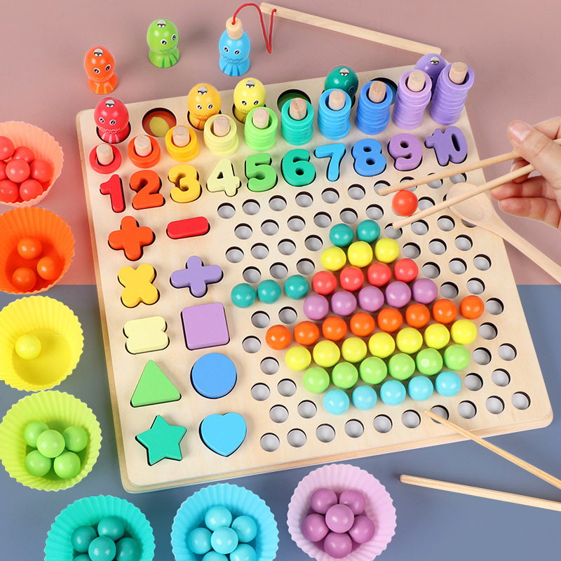 木质十三合一夹珠子夹筷子钓鱼记忆棋儿童专注力思维训练益智玩具