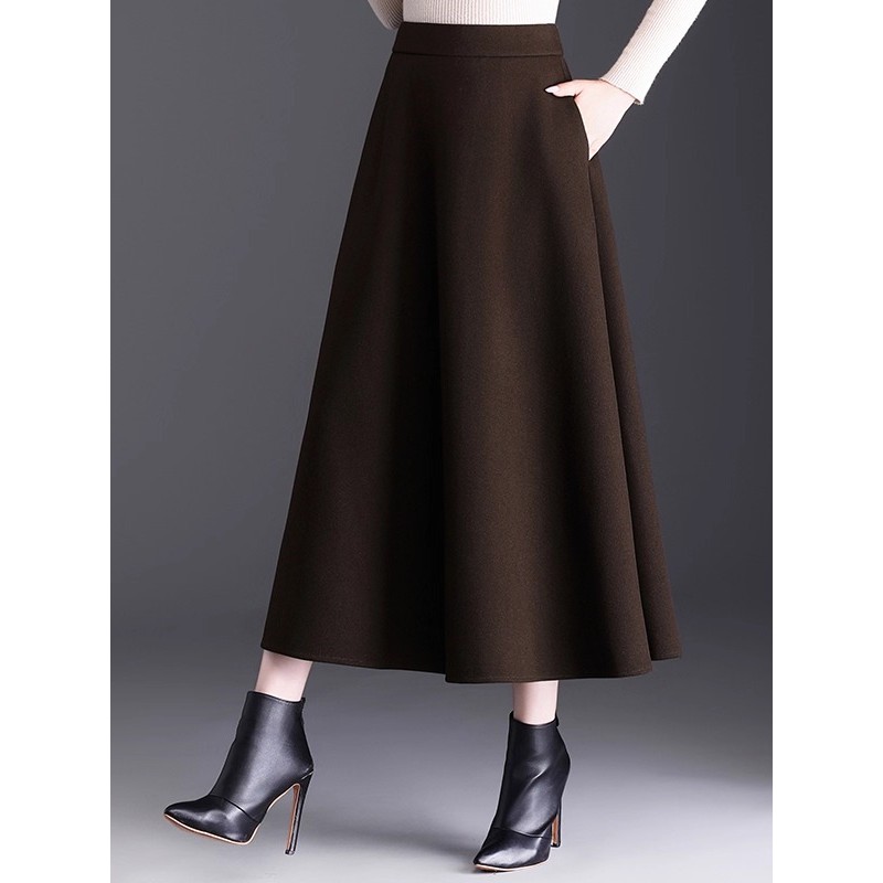 款新气质毛呢a字半身裙女秋冬款长裙a字伞裙显瘦裙子冬裙咖色半裙