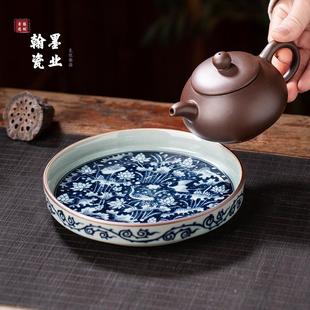 青花一鹭莲升壶承单个干泡台复古盖碗托盘茶托 景德镇陶瓷老陶泥元
