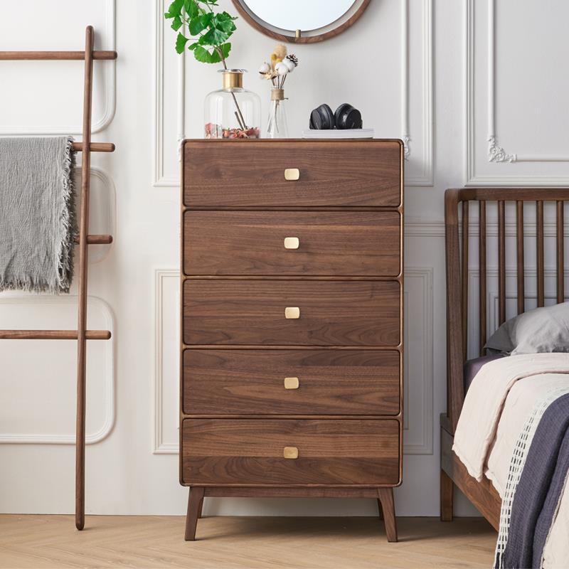 轻奢黑胡桃木五斗柜实木卧室柜子靠墙北欧客厅五斗橱收纳柜收纳柜