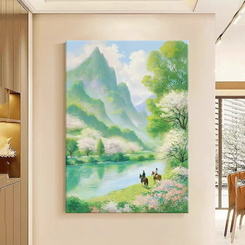 新中式客厅装饰画绿色山水书房挂画小清新治愈系玄关走廊过道壁画