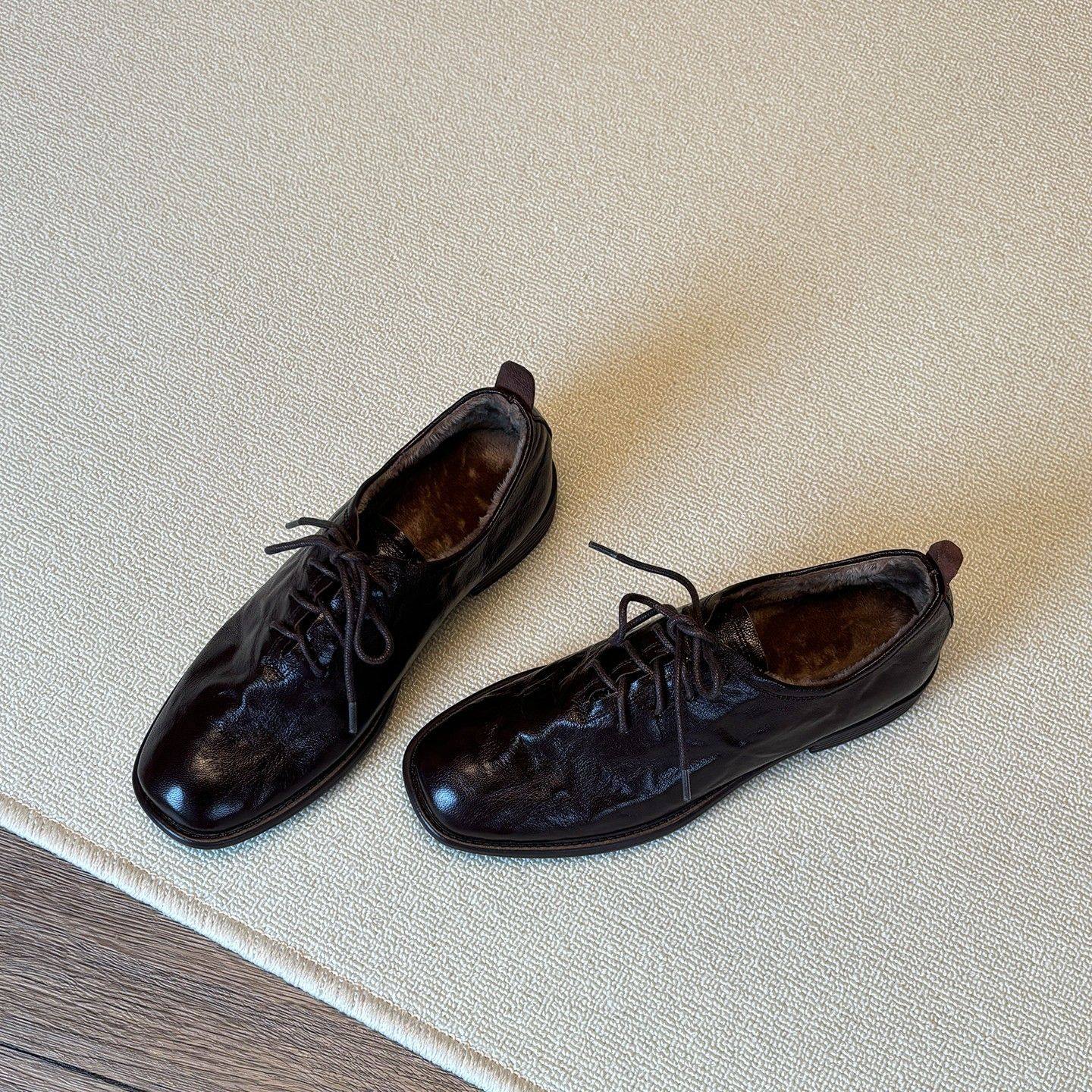 真皮英伦风低跟系带小皮鞋女加绒秋冬黑色通勤平底单鞋方头乐福鞋,女鞋,深口单鞋,淘宝优惠券,粉丝福利购,淘宝优惠卷