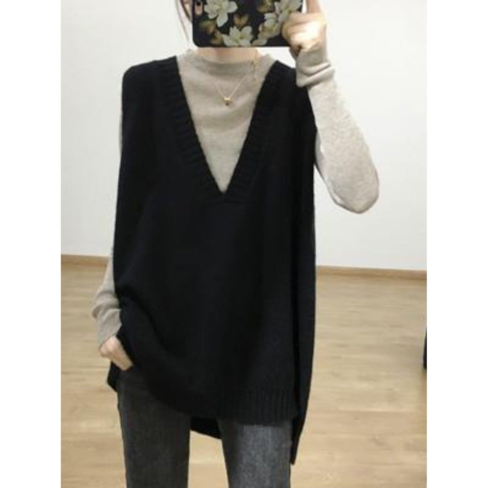 韩国中长款V领针织无袖宽松背心毛衣女秋冬慵懒风上衣马甲外套潮