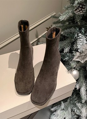 巨巨舒服！22秋冬烟灰色方头中跟短靴后拉链弹力瘦瘦靴软底袜靴子