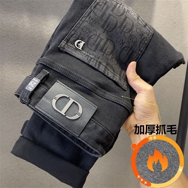 高端水洗黑灰牛仔裤男潮牌印花修身小直筒长裤冬季弹力加绒裤子男