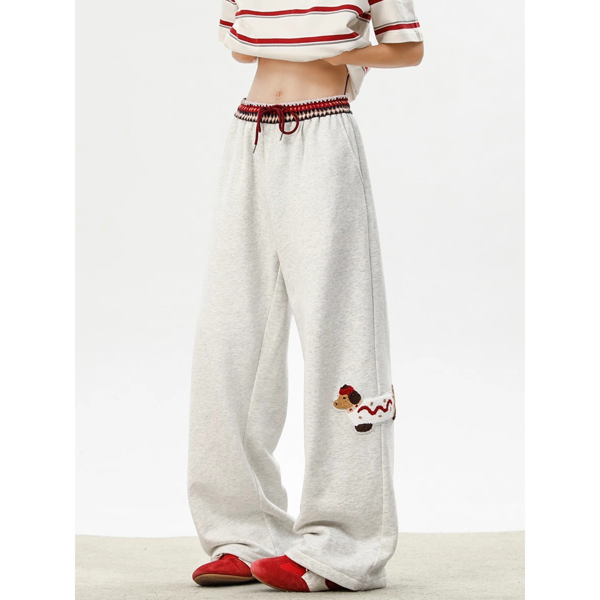 MDCW米兰风腊肠狗运动卫裤女春季新款小众腰头拼接宽松阔腿长裤子