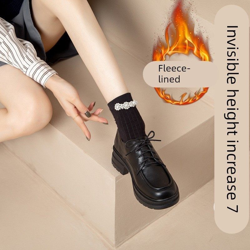 真皮内增高小皮鞋女2025年秋冬新款黑色加绒系带英伦风百搭乐福鞋,女鞋,乐福鞋（豆豆鞋）,淘宝优惠券,粉丝福利购,淘宝优惠卷