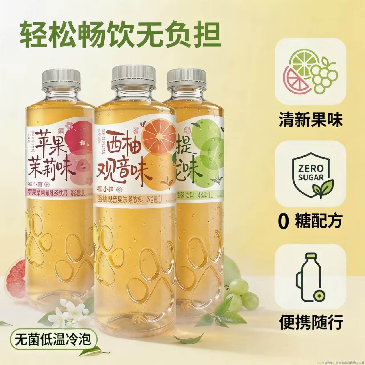 【甄选】果汁清爽苹果茉莉茶青提乌龙西柚观音无糖果茶1升*3瓶g1