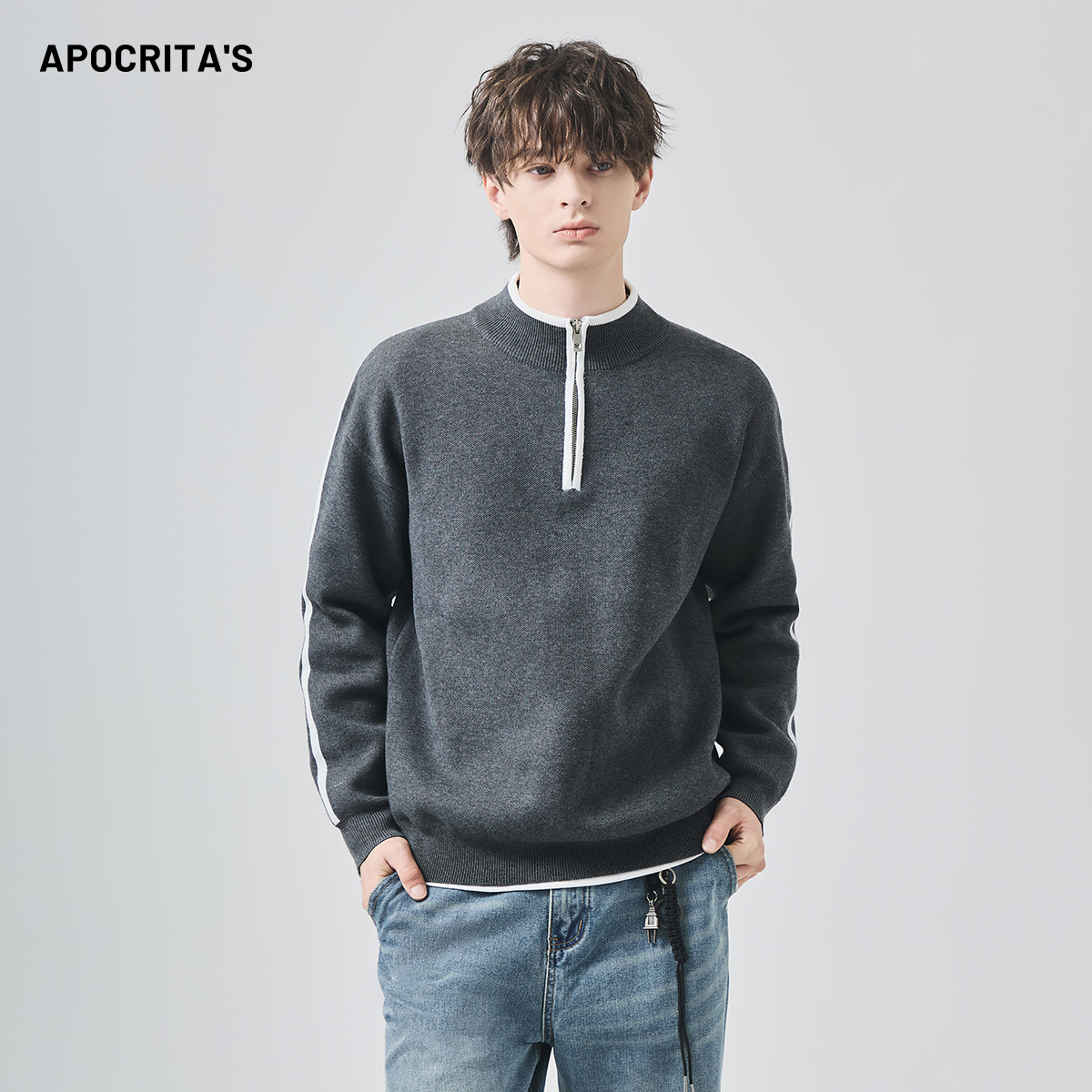 男士毛衣秋冬宽松慵懒撞色拼接半拉链羊毛长袖针织衫|APO男装