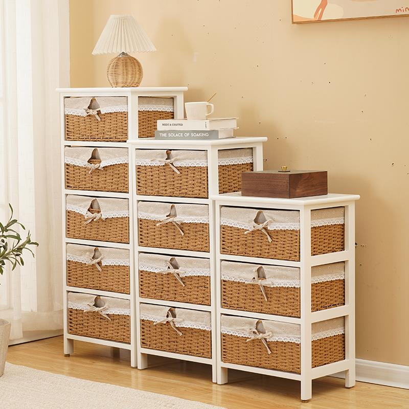 收纳柜木制简约床头柜现代编织抽屉家用收纳柜置物架网红草编斗柜