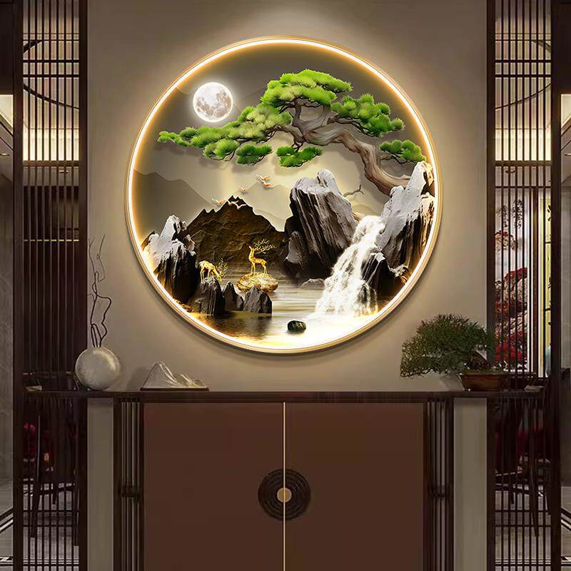 流水生财新中式圆形玄关装饰画 画寓意好壁画 画高档大气山水画