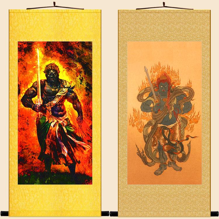 不动明王画像 不动尊菩萨卷轴挂画 五大明王佛像画丝绸画定制订做