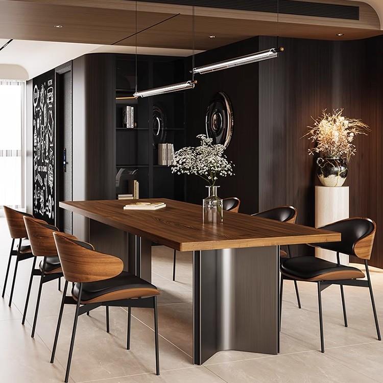 简约现代复古中古风胡桃色岩板桌面餐桌椅组合大户型岛台大板茶桌