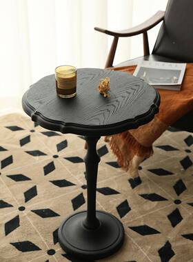 法式实古沙发边几圆形户型轻奢木中复小古HCB角几休闲小圆几