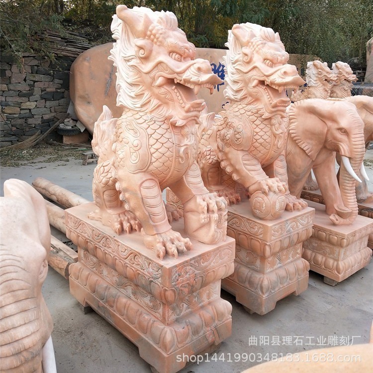 晚霞红大理石麒麟一对庭院摆件