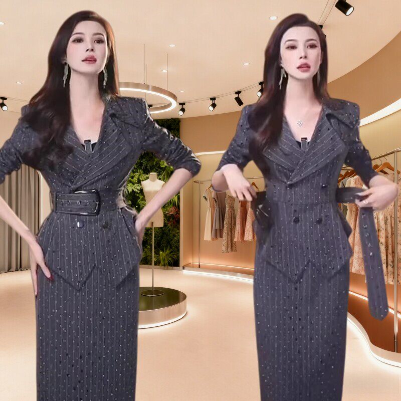 春秋季女士轻奢女神灰色长袖时尚收腰修身条纹半身裙包臀两件套装