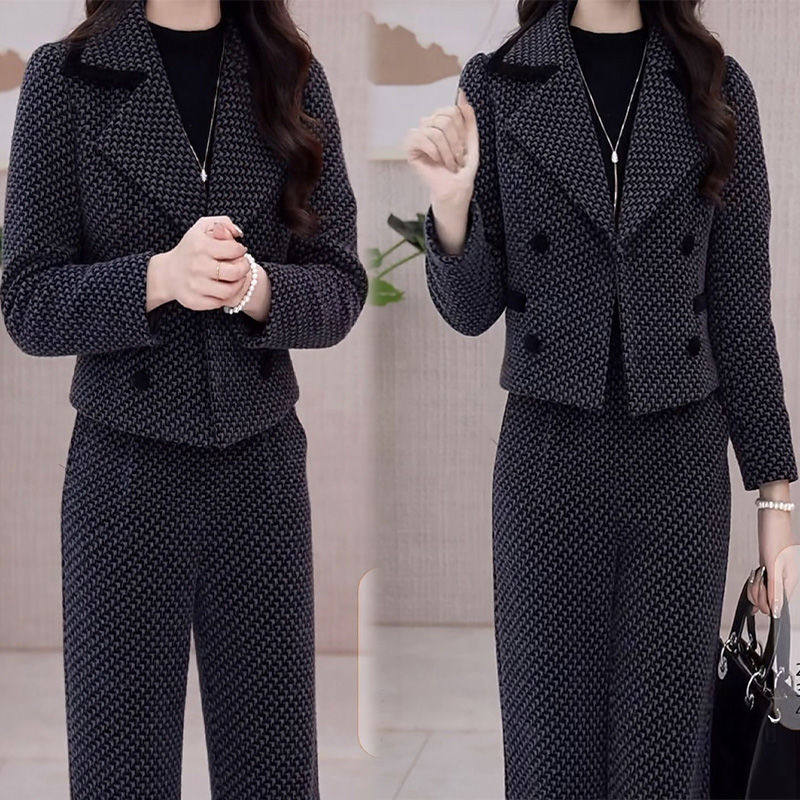 时尚职业套装女2025冬季新款洋气千鸟格西装领外套阔腿裤两件套潮,女装/女士精品,时尚套装,淘宝优惠券,粉丝福利购,淘宝优惠卷