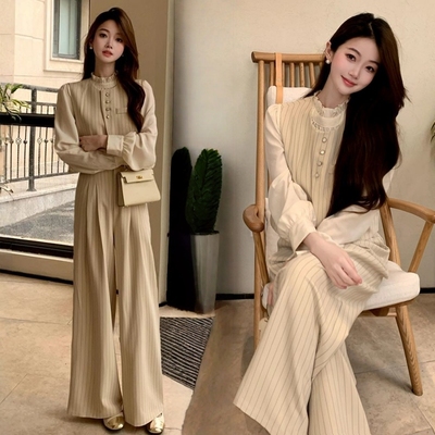 名媛套装秋季新款气质女复古圆领条纹马甲上衣阔腿裤显瘦两件套潮