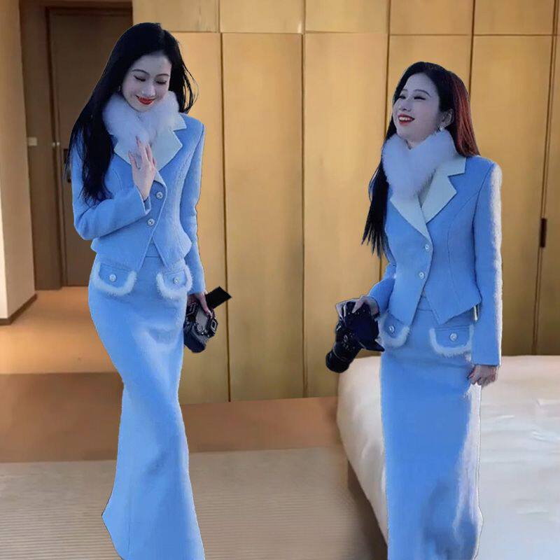 2025秋冬小香风套装裙女洋气显瘦西装领上衣外套+半身裙两件套潮,女装/女士精品,时尚套装,淘宝优惠券,粉丝福利购,淘宝优惠卷