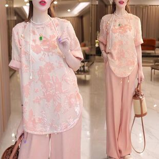 今年流行高端时尚国风休闲套装女夏季新款轻奢宽松显瘦上衣+长裤