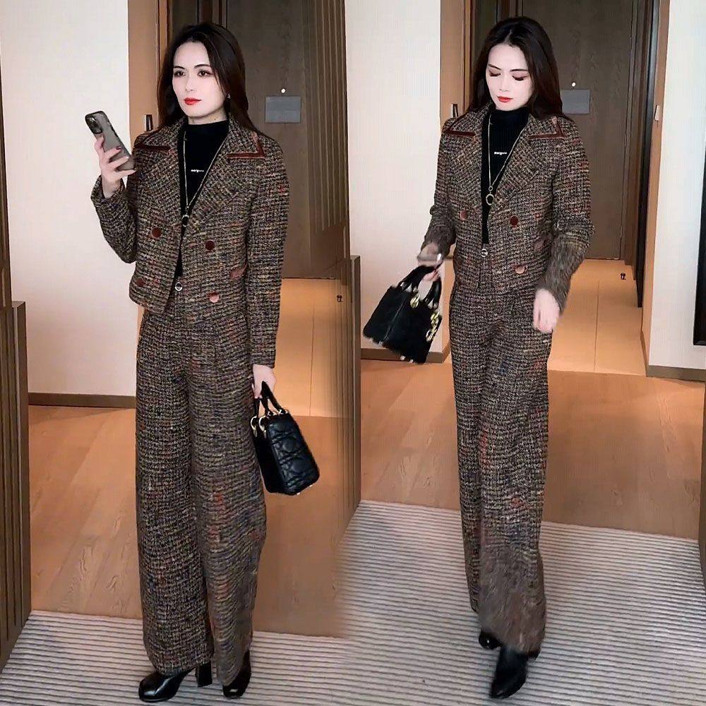 小香风时尚西装套装女洋气短款外套秋冬气质西服上衣阔腿裤两件套,女装/女士精品,时尚套装,淘宝优惠券,粉丝福利购,淘宝优惠卷