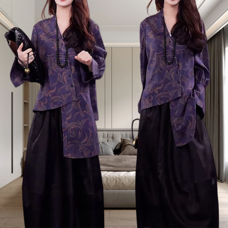 名媛风好看裙套装休闲洋气秋季新款文艺风印花不规则衬衫+半身裙