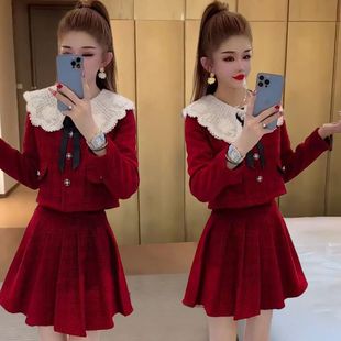 显瘦气质娃娃领两件套小洋装 时尚 裙女2025春秋新款 小香风气质套装