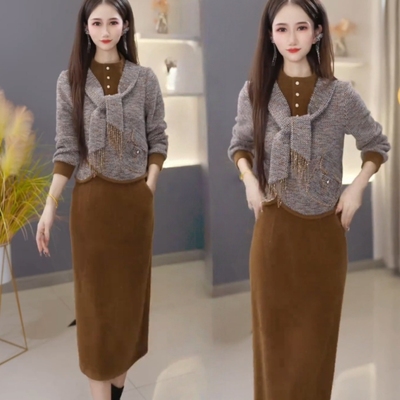 2025秋冬新款百搭时尚套装休闲气质大码女装高级感半身裙两件套潮