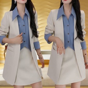 时尚套装春季新款端庄优雅通勤拼接假两件长袖西装外套+半身裙潮