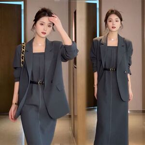 大码女装职业西装套装胖mm高级感西服收腰减龄吊带连衣裙子两件套