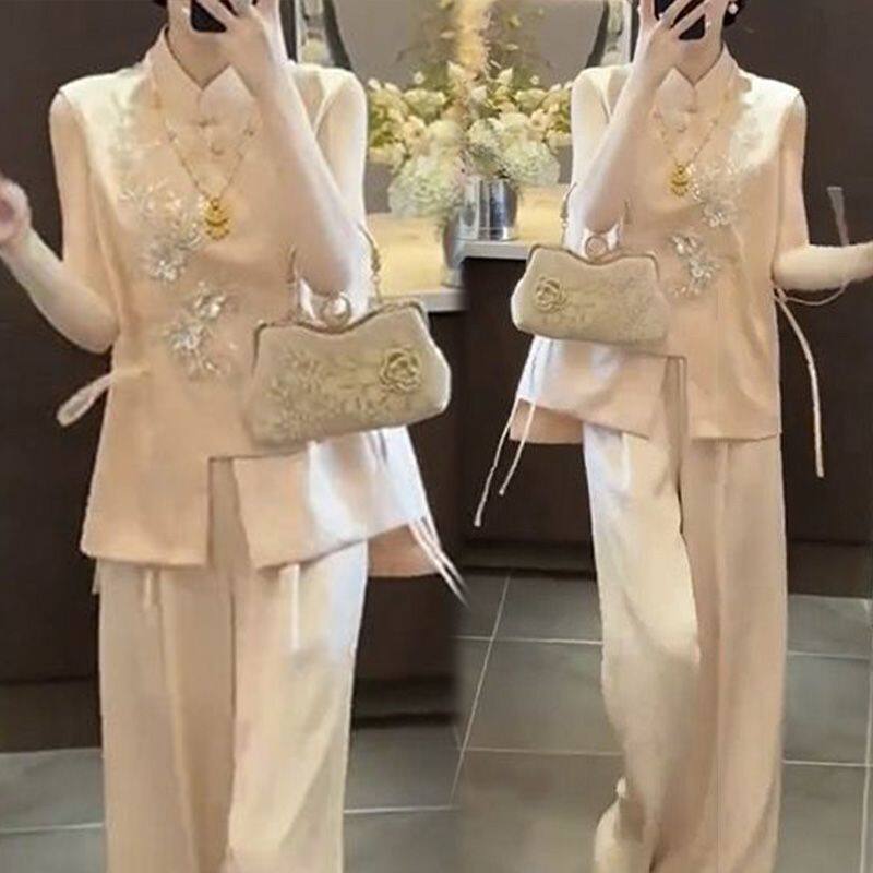 新中式国风套装女2025夏季新款巨好看的轻奢盘扣上衣阔腿裤两件套