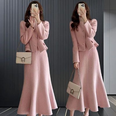 2024新款秋冬高级感今年流行小香风粉色外套半身裙气质名媛套装女