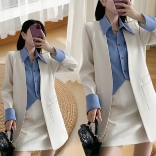 时尚套装端庄优雅通勤春季新款拼接假两件长袖西装外套+半身裙潮