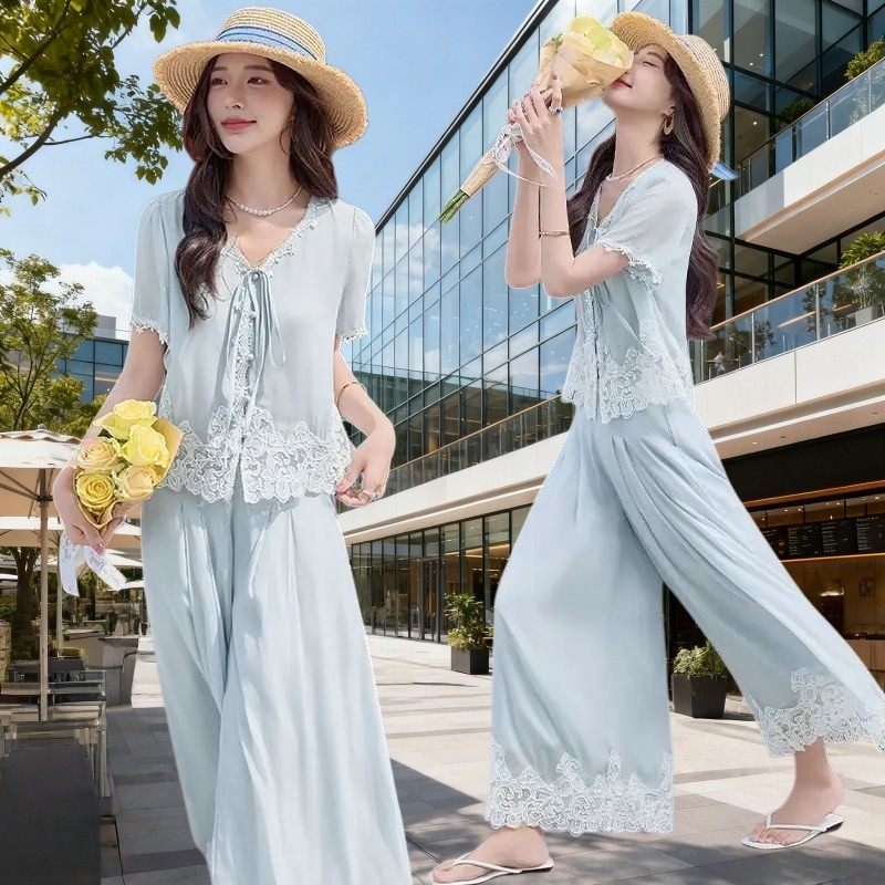 2026夏季薄款温柔甜美蕾丝拼接套装女系带V领衬衫阔腿裤裙两件套