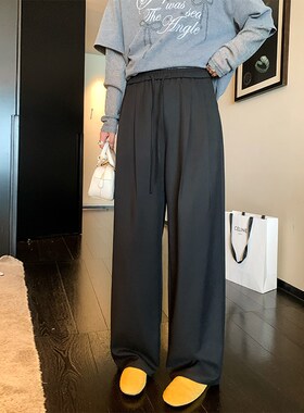 NAZ那子大码春季新款宽松窄版显瘦直筒西裤胖mm黑色休闲阔腿裤