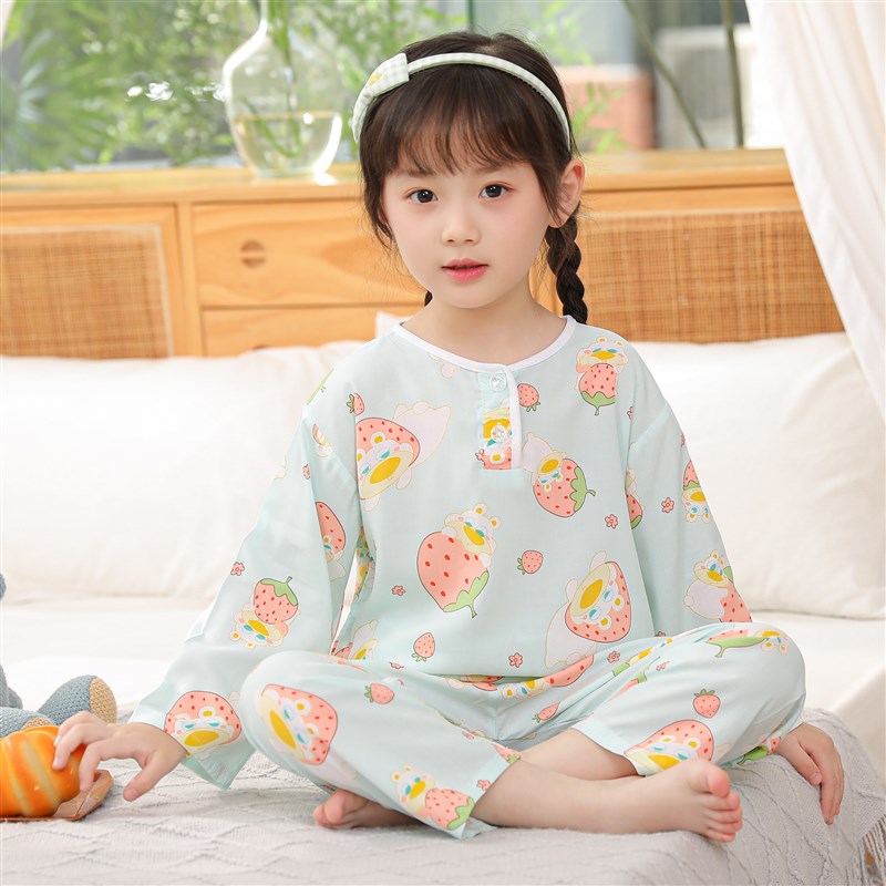 儿童睡衣夏季薄款长袖男女童套装卡通纯棉绸宝宝中大童空调家居服
