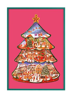 冬灯圣诞之城拼图框绿色画框红色黑色卡纸异性拼图框架裱框挂墙