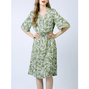 高端好棉绸v领绿色a字长裙连衣裙2023年新款 女装 人造绵绸 大码 夏装