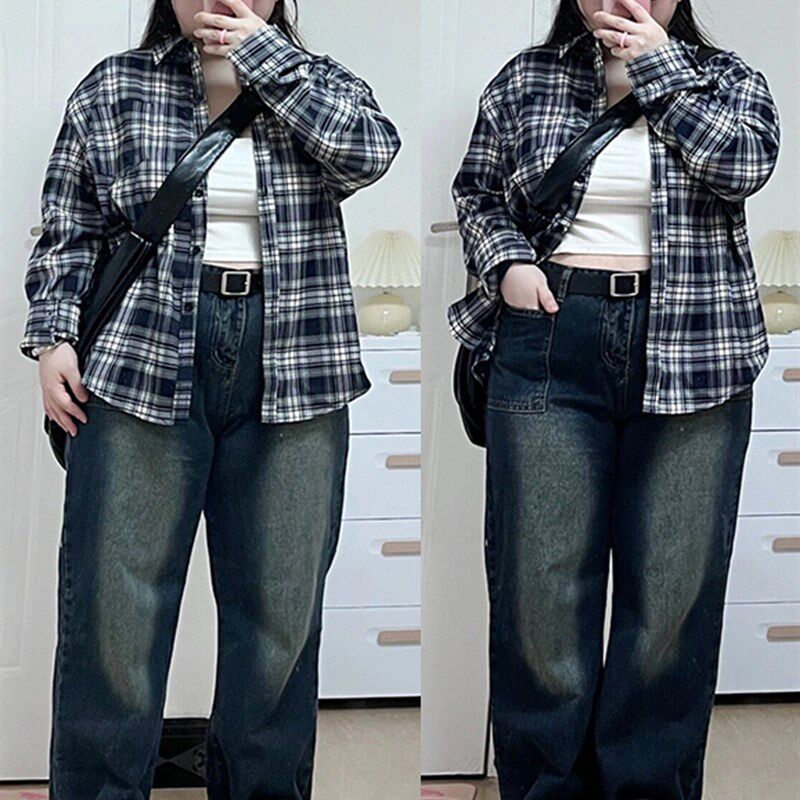 胖mm幂式穿搭格子衬衫女春夏大码休闲风宽松显瘦外穿开衫长袖衬衣