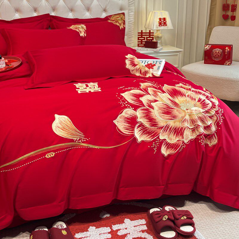 高档中式喜字结婚四件套大红色新婚陪嫁被套婚庆床上用品婚房备婚