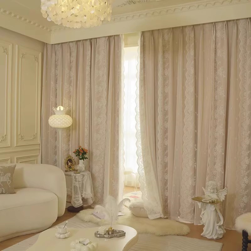 新款卧室全遮光双层蕾丝窗帘奶油风法式高级加厚隔音客厅挂钩窗帘