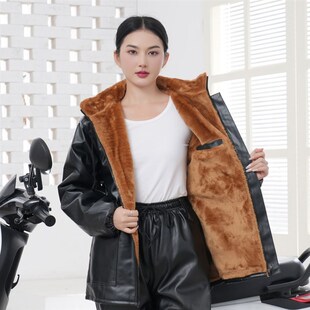 加绒加厚宽松皮衣女冬季 外卖骑行皮棉衣防风保暖干活穿工作服艾贝