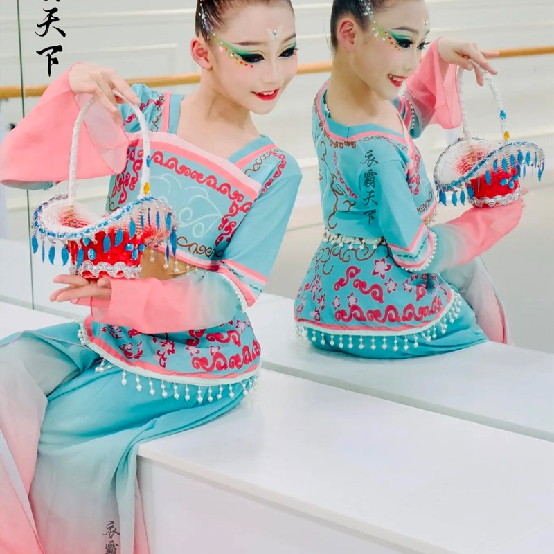 儿童古典舞演出服且吟春雨花篮舞蹈采花姑娘表演服中国风敦煌汉服