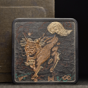 国家非遗 1982年制 清代老墨版《黑火麒麟》胡开文收藏老古墨块