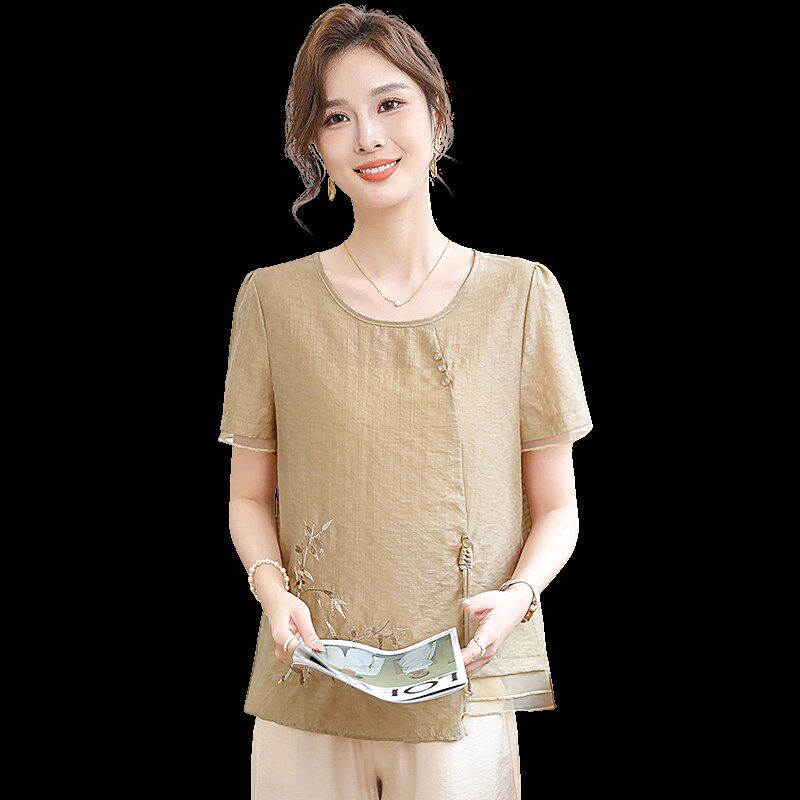 中年女装新中式短袖上衣小衫洋气2025夏装新款中老年妈妈国风T恤
