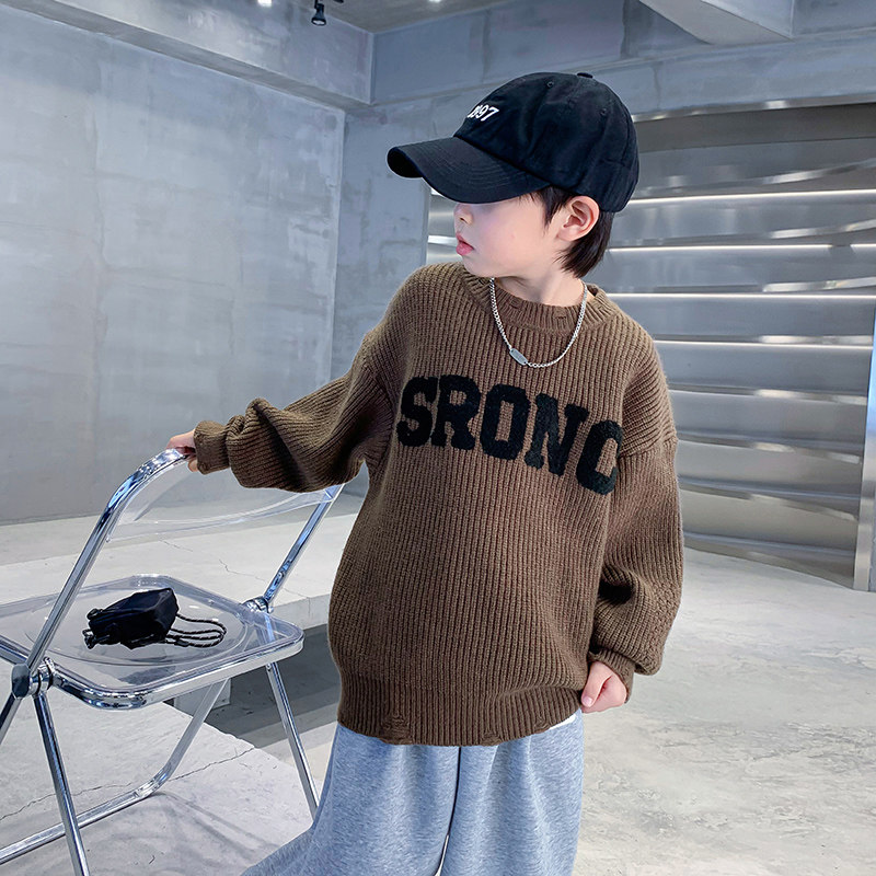 男童秋冬装红色圆领加厚毛衣2023新款中大童男孩冬季针织衫卫生衣