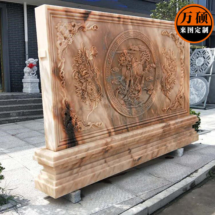 石雕浮雕孔雀天然大理石雕塑手工雕刻晚霞红浮雕艺术壁画影壁墙