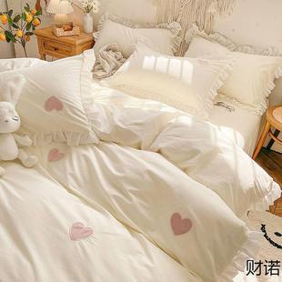 水洗棉纯棉被套单件150x200x230四件套全棉床单人公主风被罩四季